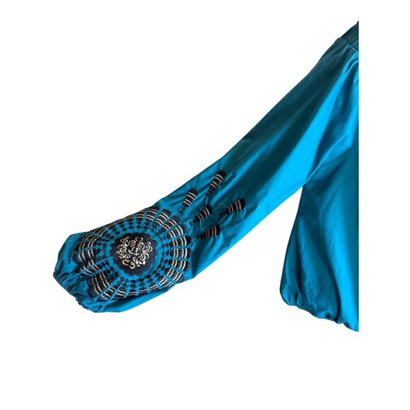 Ryu Off-Shoulder Embroidered Blouse Teal Top M 100% Cotton Boho Chic Stylish NWT - Picture 4 of 13